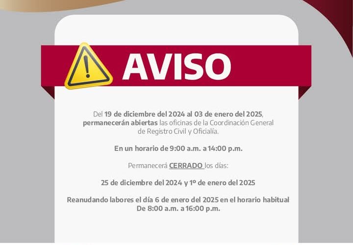 Oficinas de Registro Civil laborarán en horario especial en periodo vacacional